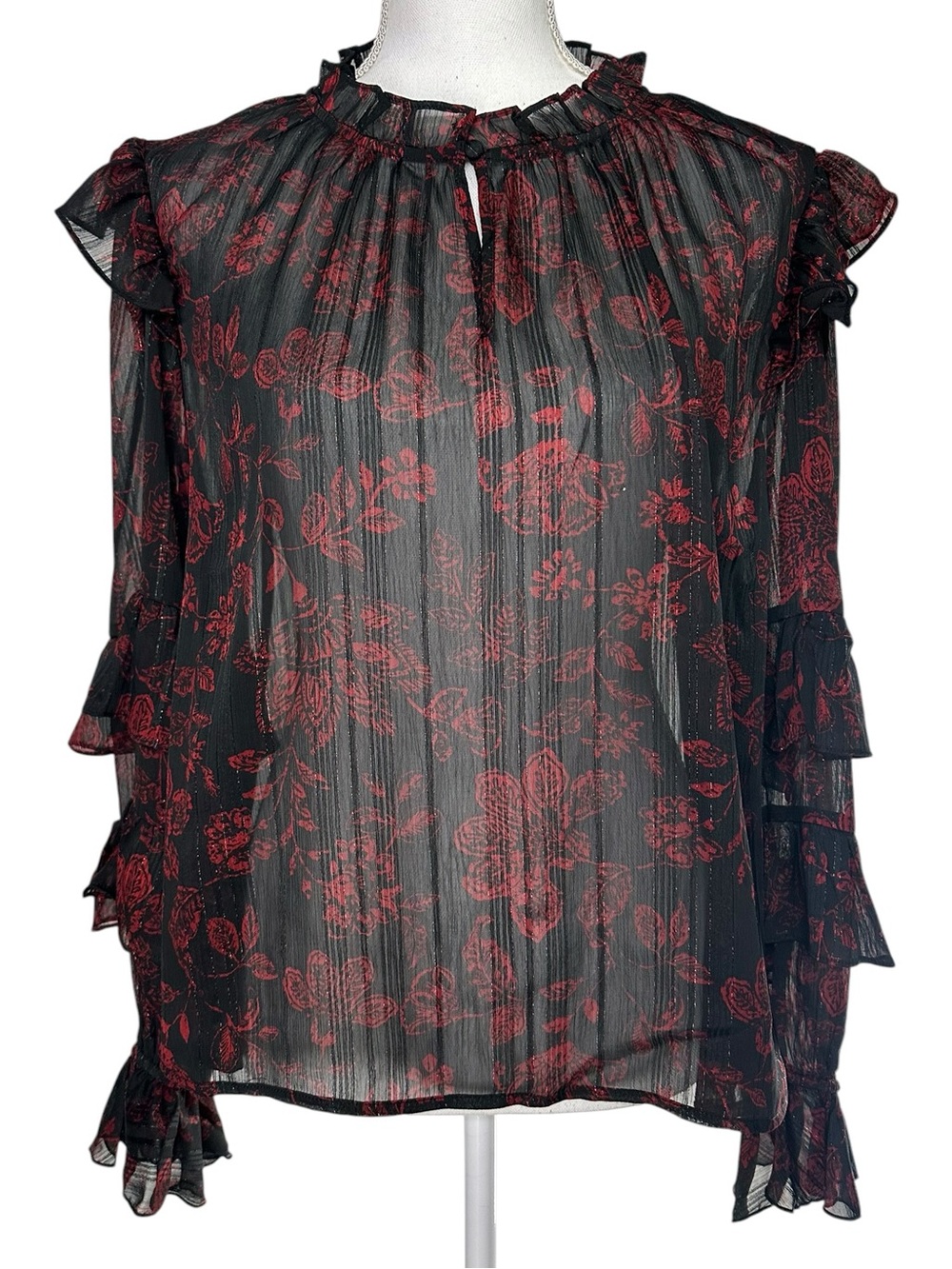 FRYE / Black & Red Sheer Boho Blouse Top / Large / New With Tags / Whimsigoth